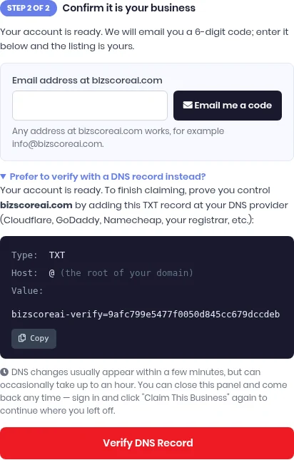 The DNS record section of the claim panel showing Type TXT, Host @, the Value starting with bizscoreai-verify=, a Copy button and a Verify DNS Record button