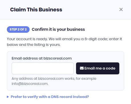 Step 2 of the BizScoreAI claim panel, asking for an email address at the business domain with an Email me a code button