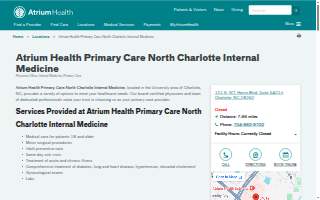 Atrium Health Primary Care North Charlotte Internal Medicine website