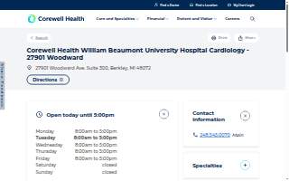 Corewell Health William Beaumont University Hospital Cardiology of Berkley website