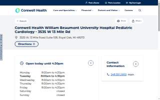 Corewell Health William Beaumont University Hospital Pediatric Cardiology website
