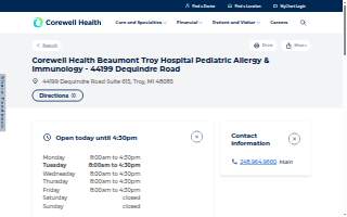 Corewell Health Beaumont Troy Hospital Pediatric Allergy & Immunology - 44199 Dequindre Road website